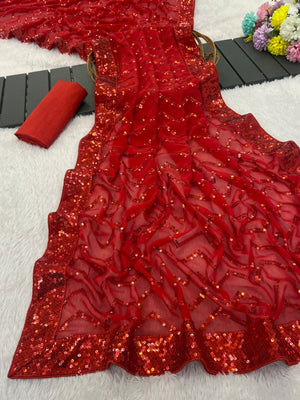 Elegant Red Georgette Silk Saree with Sequin Embellishments - Image 2