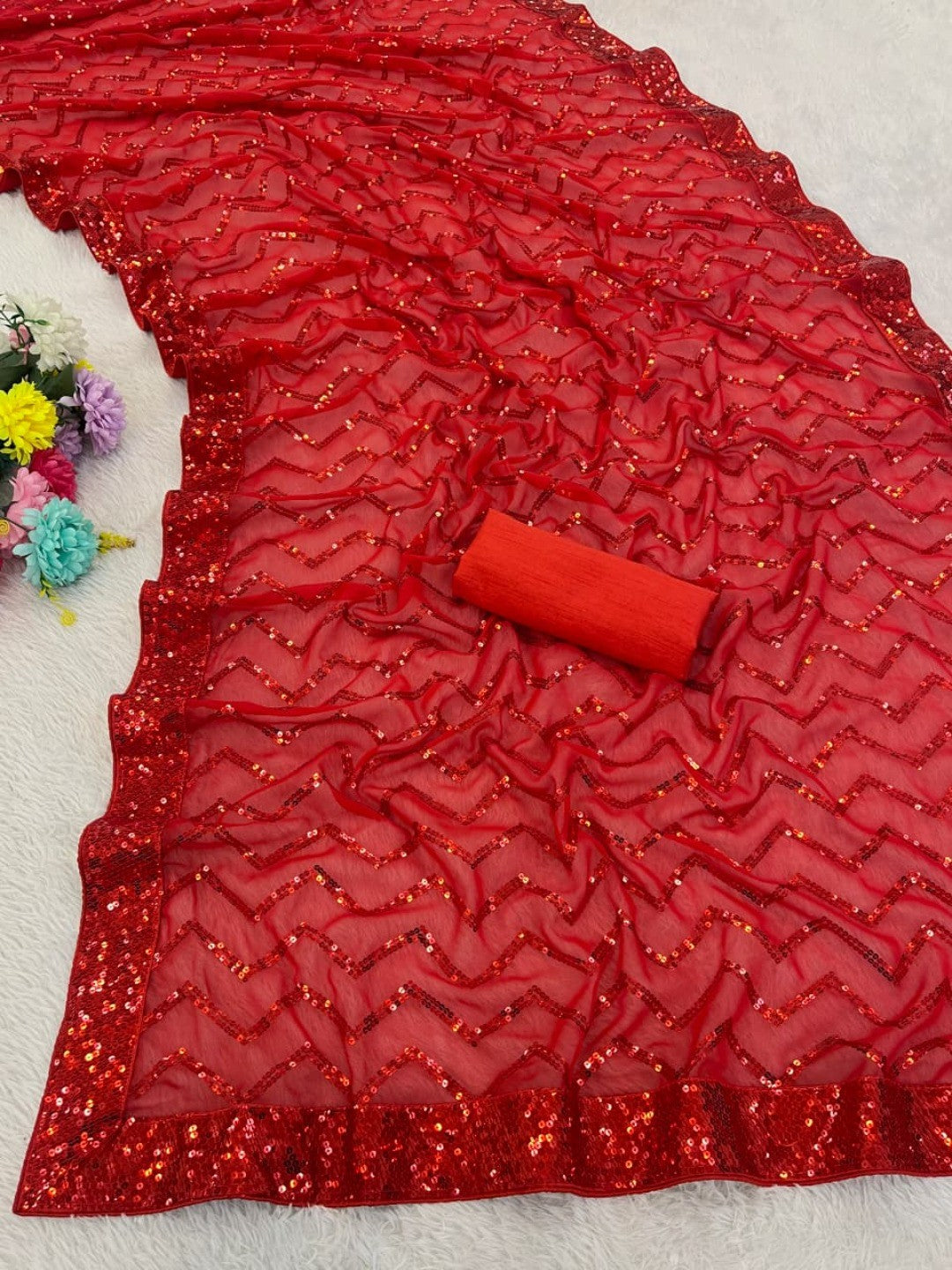 Elegant Red Georgette Silk Saree with Sequin Embellishments - Image 3