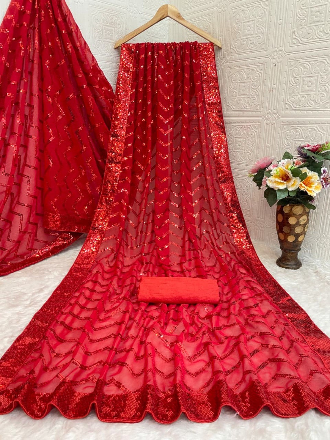 Elegant Red Georgette Silk Saree with Sequin Embellishments - Image 4