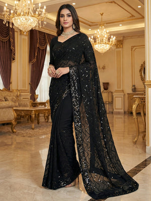 Elegant Black Georgette Silk Saree with Sequin Embellishments - Image 1