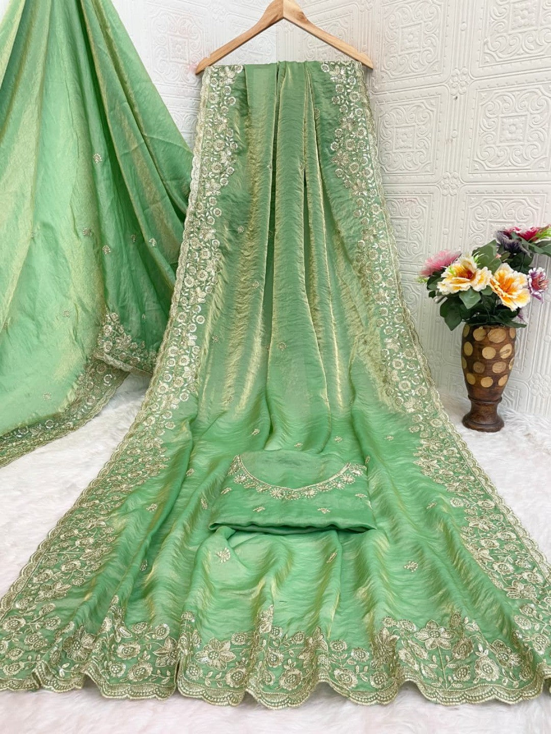 Graceful Green Organza Satin Silk Saree with Fine Embroidery & Blouse - Image 4