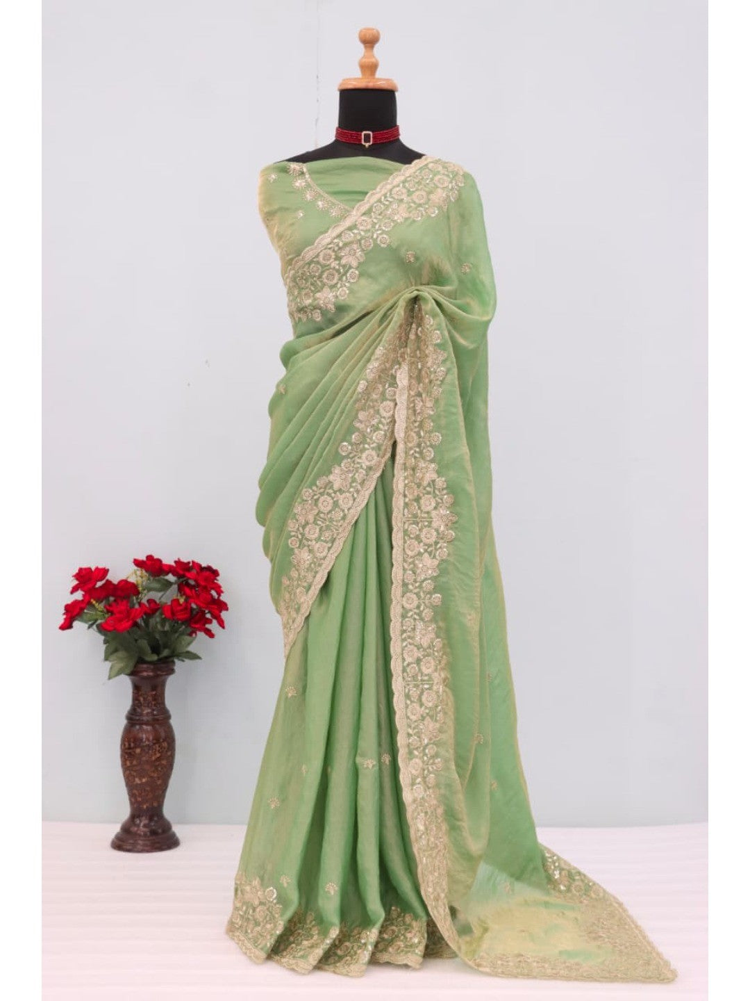 Graceful Green Organza Satin Silk Saree with Fine Embroidery & Blouse - Image 8