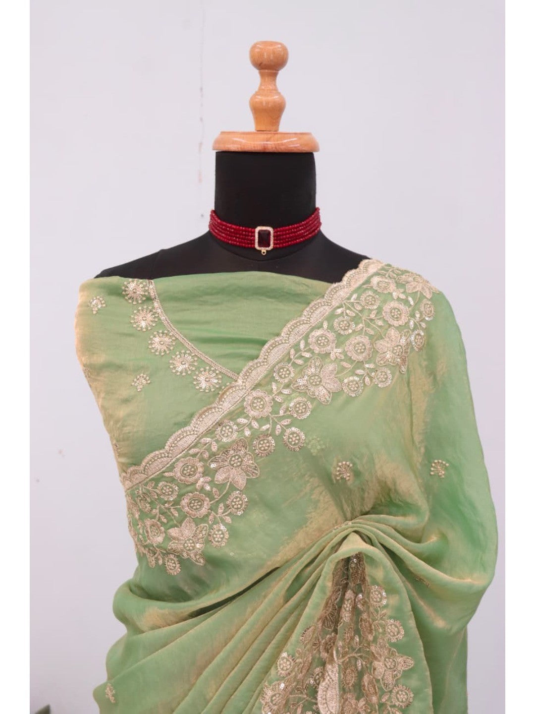 Graceful Green Organza Satin Silk Saree with Fine Embroidery & Blouse - Image 9