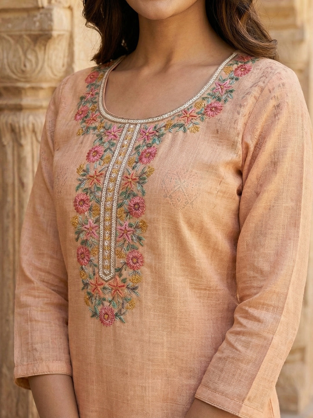 Peach Embroidered Linen Straight Fit Salwar Suit with Floral Print - Image 3