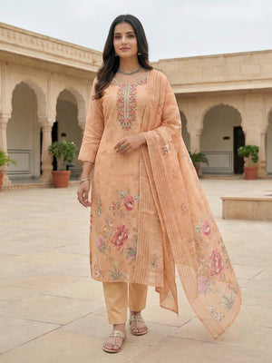 Peach Embroidered Linen Straight Fit Salwar Suit with Floral Print - Image 1