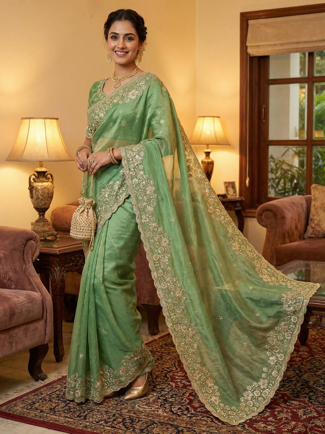 Graceful Green Organza Satin Silk Saree with Fine Embroidery & Blouse - Image 1
