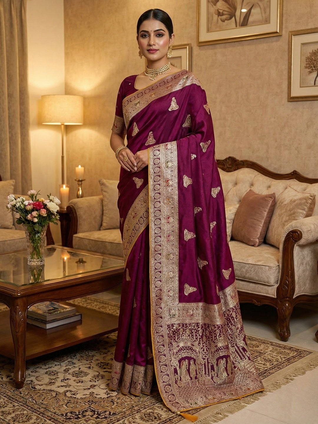 Luxurious Wine Satin Saree With Artistic Weaving Design & Gleaming Stone Work Accents - Image 1