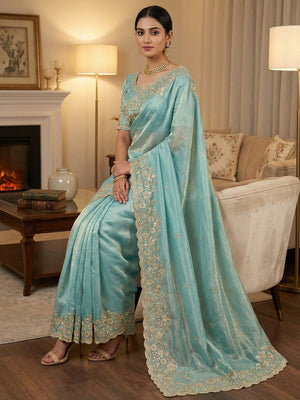 Graceful Sky Blue Organza Satin Silk Saree with Fine Embroidery & Blouse - Image 1