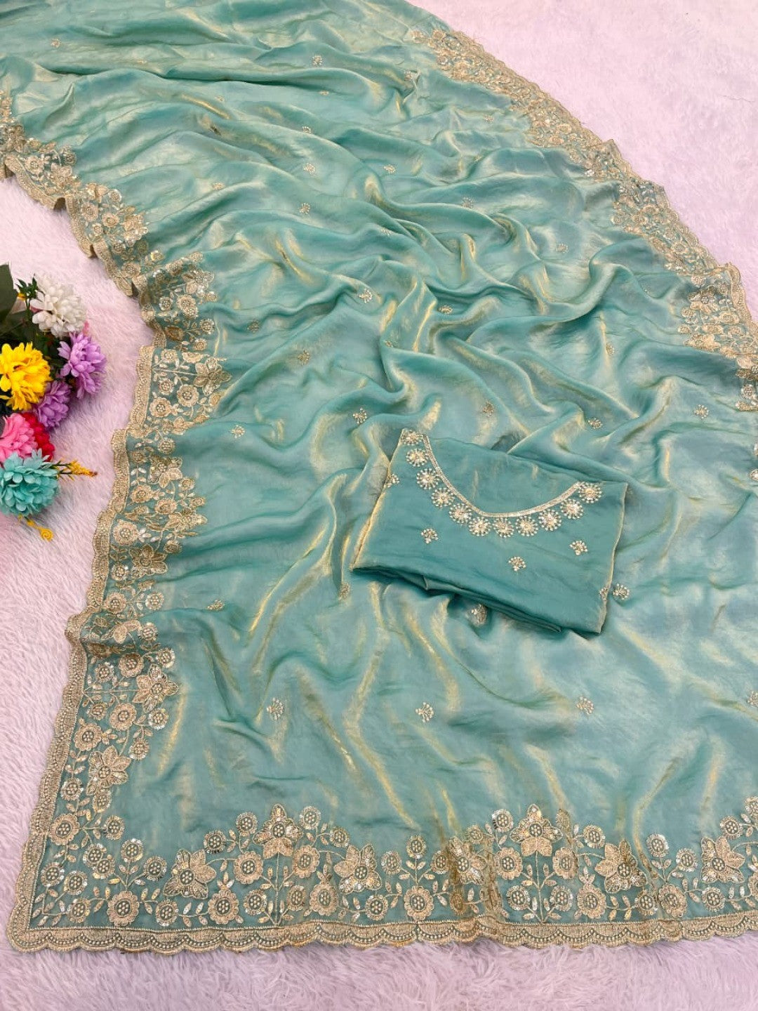 Graceful Sky Blue Organza Satin Silk Saree with Fine Embroidery & Blouse - Image 3