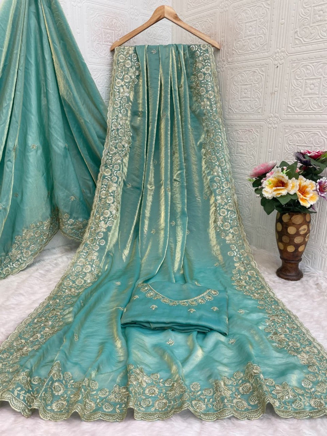 Graceful Sky Blue Organza Satin Silk Saree with Fine Embroidery & Blouse - Image 4