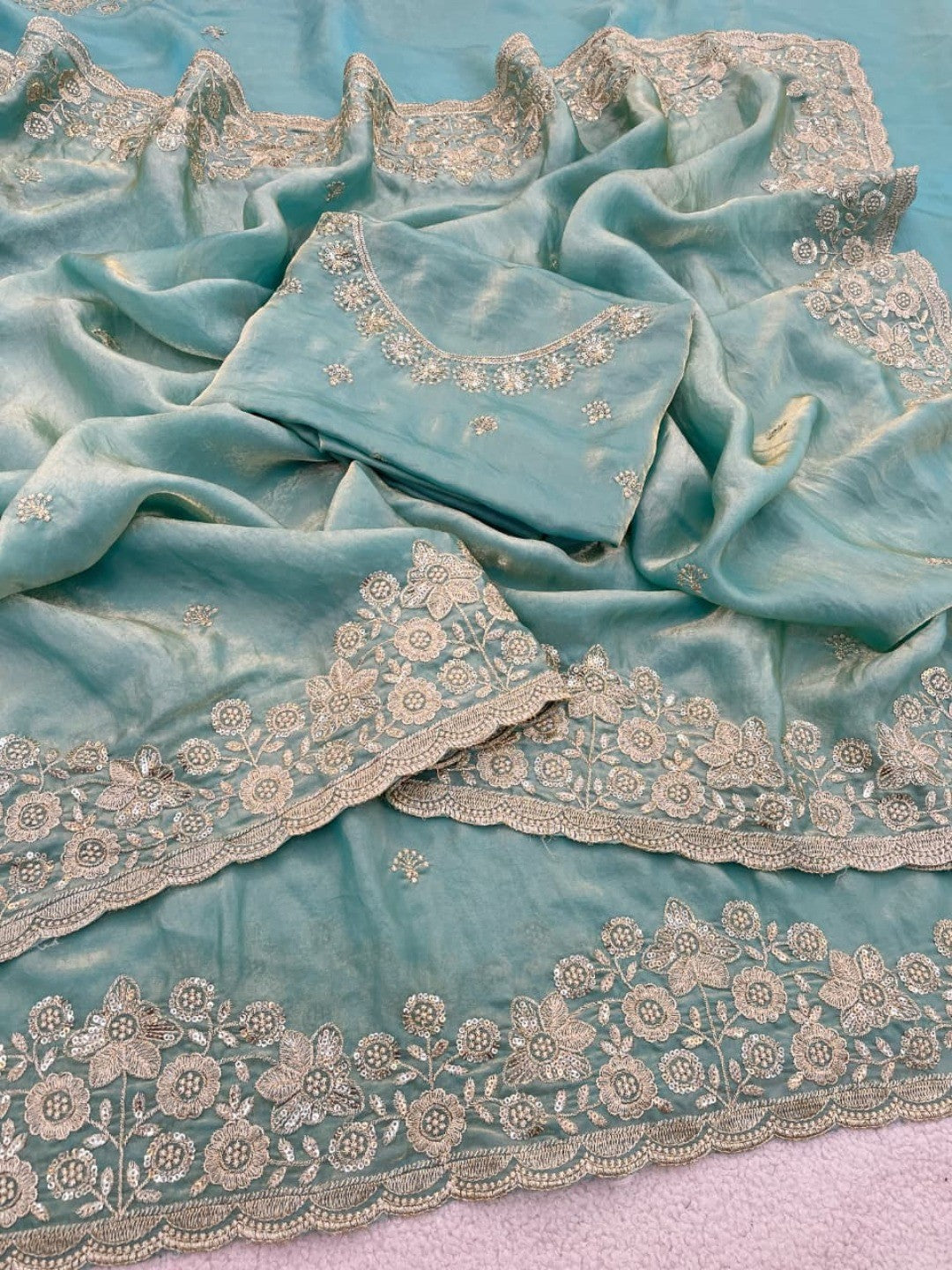 Graceful Sky Blue Organza Satin Silk Saree with Fine Embroidery & Blouse - Image 5