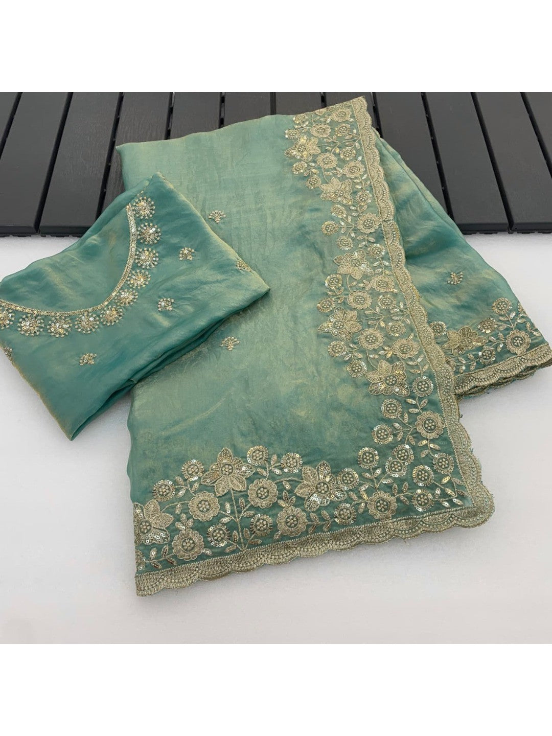 Graceful Sky Blue Organza Satin Silk Saree with Fine Embroidery & Blouse - Image 7