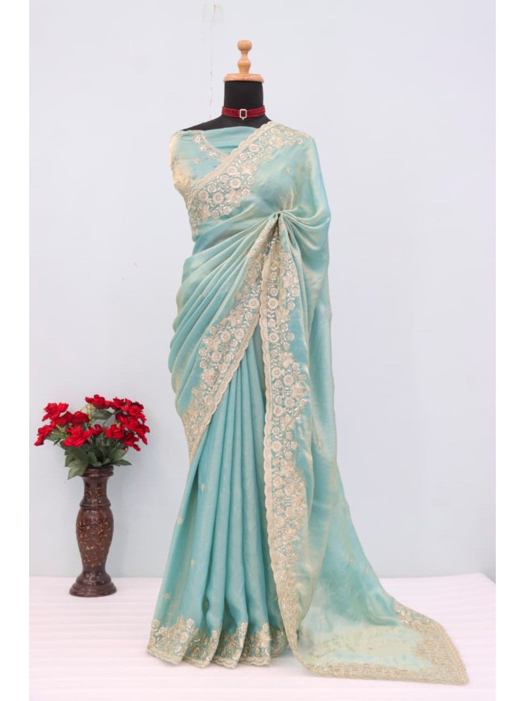Graceful Sky Blue Organza Satin Silk Saree with Fine Embroidery & Blouse - Image 9