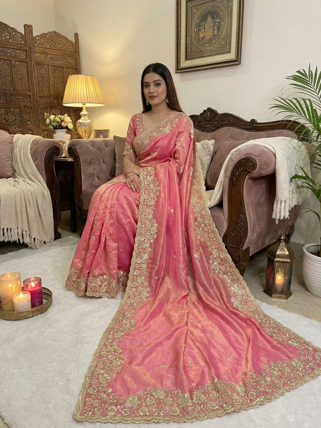 Graceful Pink Organza Satin Silk Saree with Fine Embroidery & Blouse - Image 1