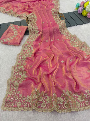 Graceful Pink Organza Satin Silk Saree with Fine Embroidery & Blouse - Image 2
