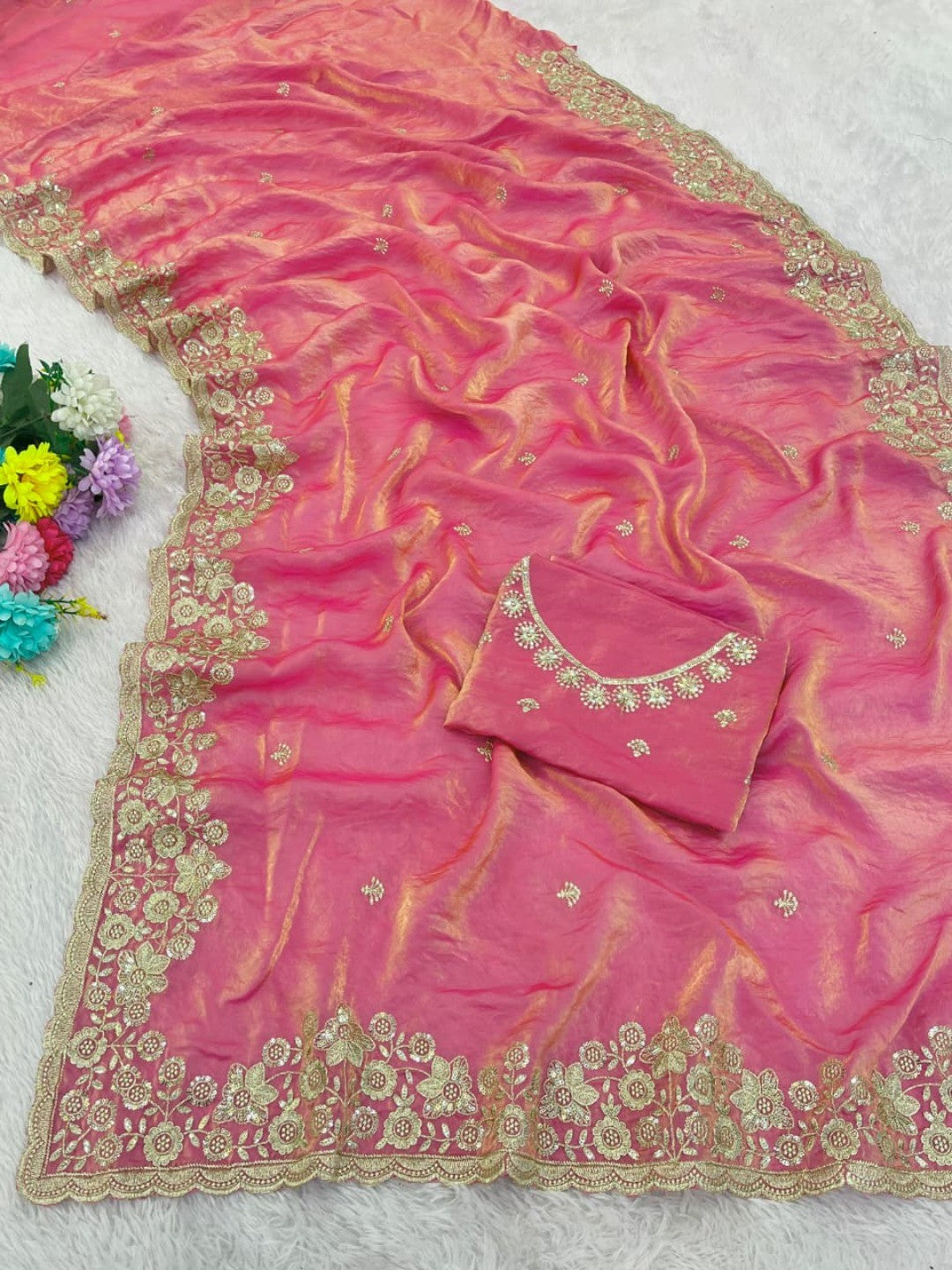 Graceful Pink Organza Satin Silk Saree with Fine Embroidery & Blouse - Image 3