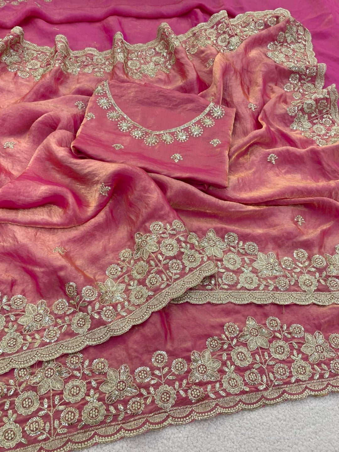 Graceful Pink Organza Satin Silk Saree with Fine Embroidery & Blouse - Image 4