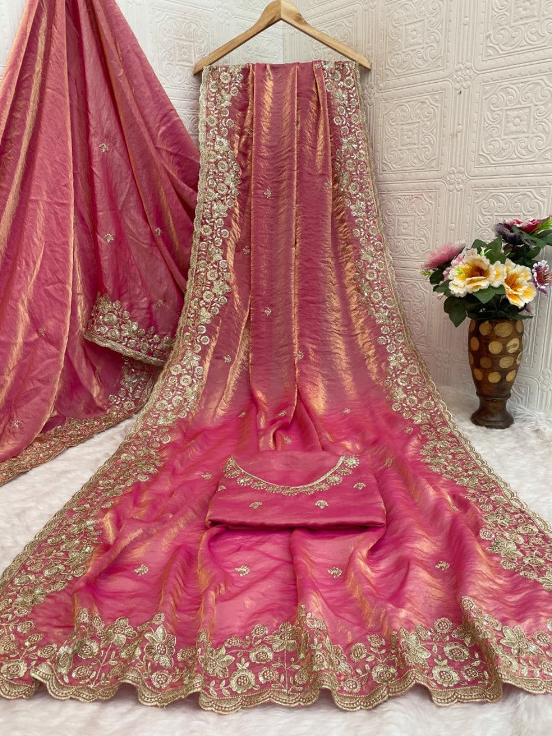 Graceful Pink Organza Satin Silk Saree with Fine Embroidery & Blouse - Image 5