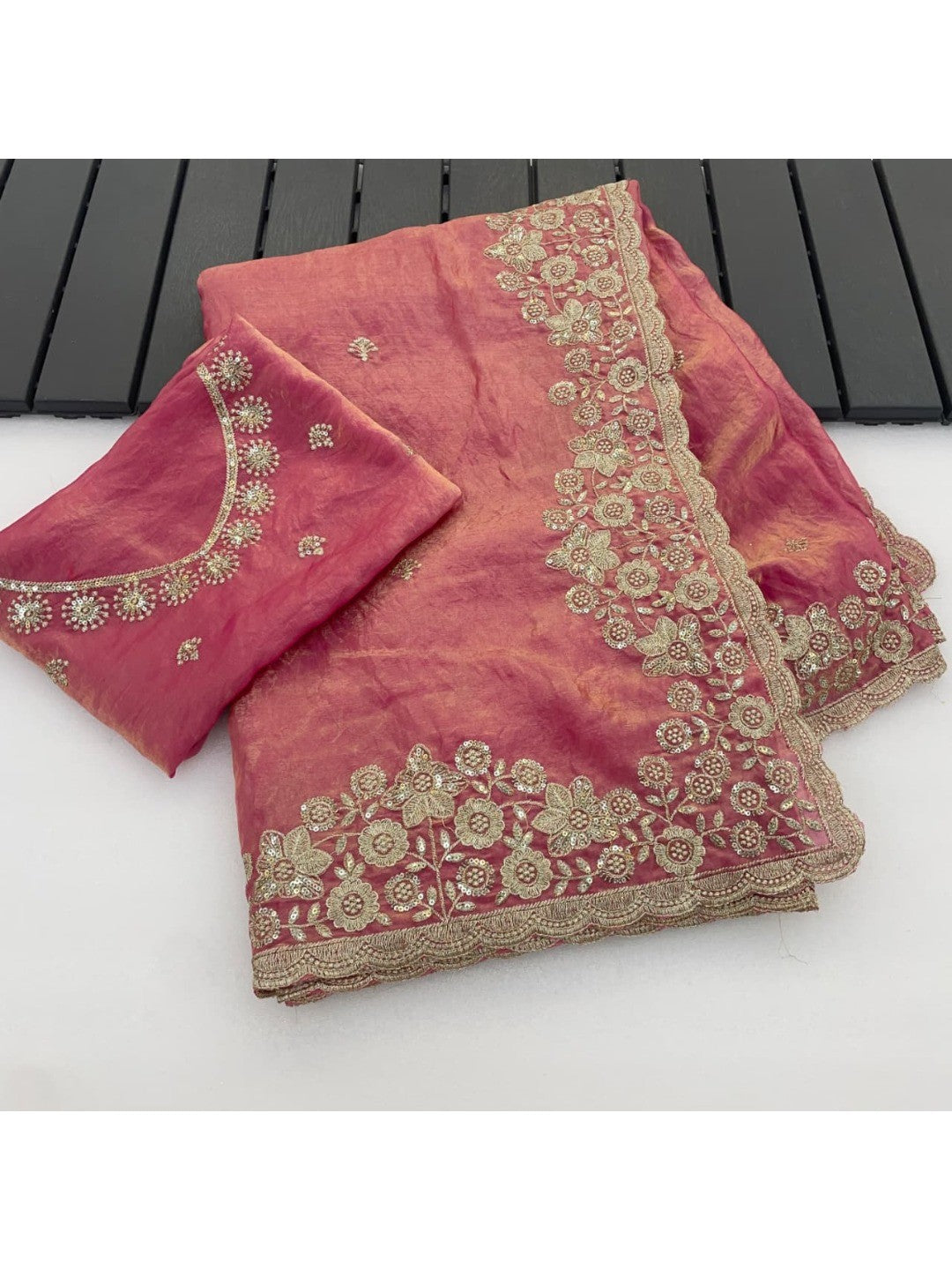 Graceful Pink Organza Satin Silk Saree with Fine Embroidery & Blouse - Image 7