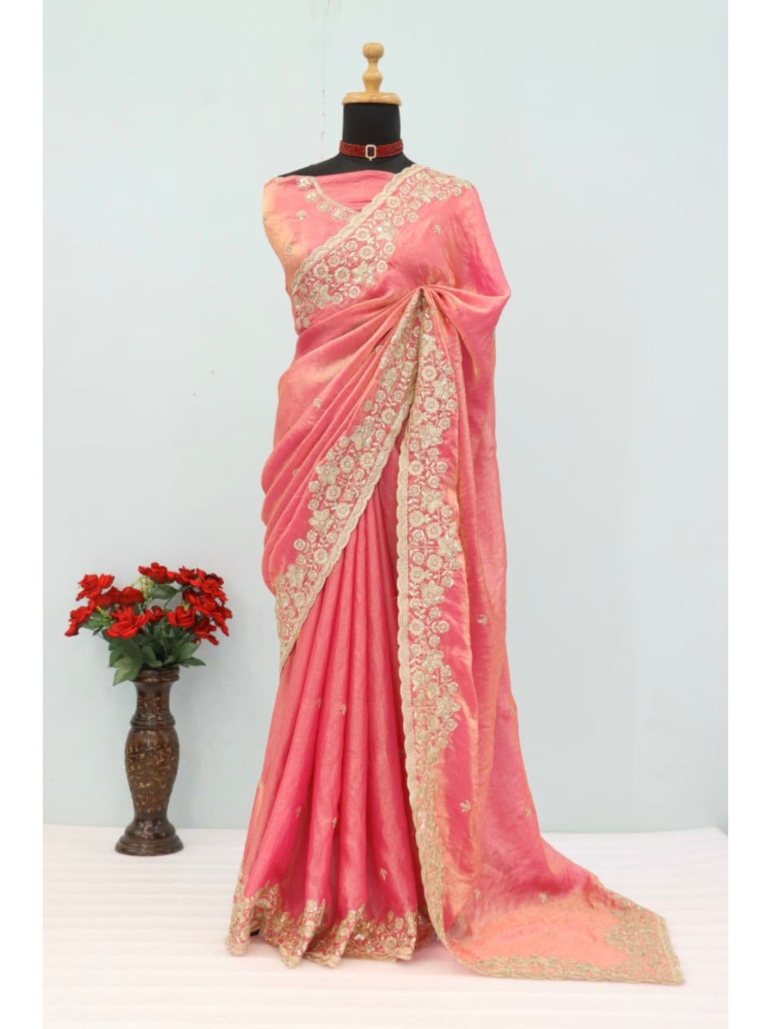 Graceful Pink Organza Satin Silk Saree with Fine Embroidery & Blouse - Image 9