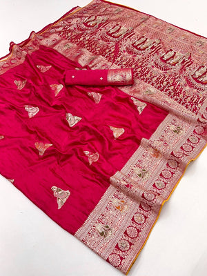Luxurious Pink Satin Saree With Artistic Weaving Design & Gleaming Stone Work Accents - Image 2