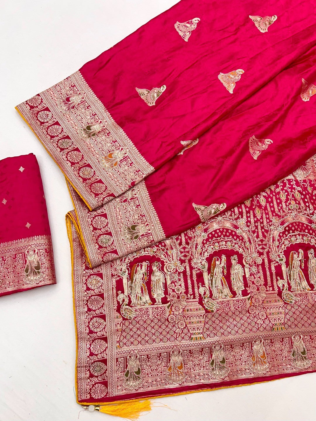 Luxurious Pink Satin Saree With Artistic Weaving Design & Gleaming Stone Work Accents - Image 3