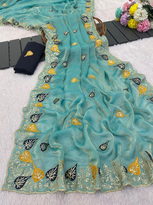 Elegant Blue Organza Satin Silk Saree with Leaf Embroidery - Image 2