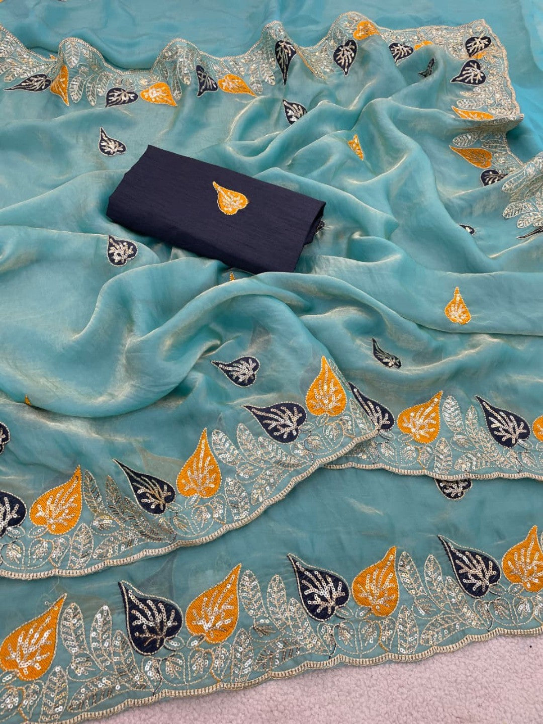 Elegant Blue Organza Satin Silk Saree with Leaf Embroidery - Image 5