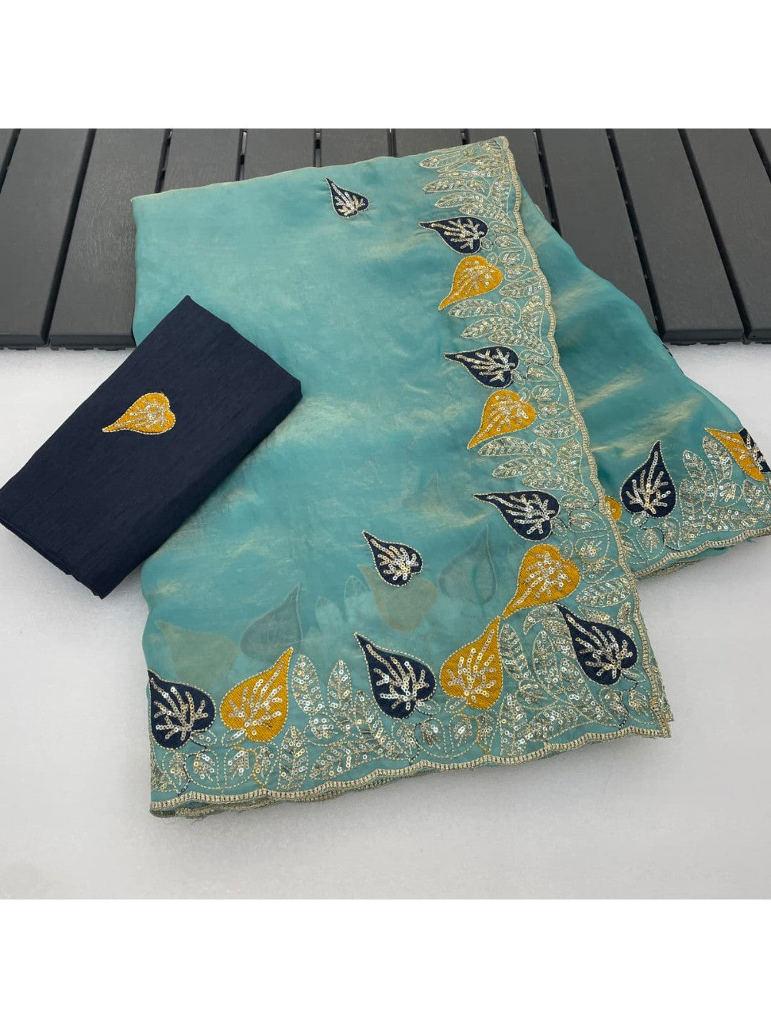 Elegant Blue Organza Satin Silk Saree with Leaf Embroidery - Image 7