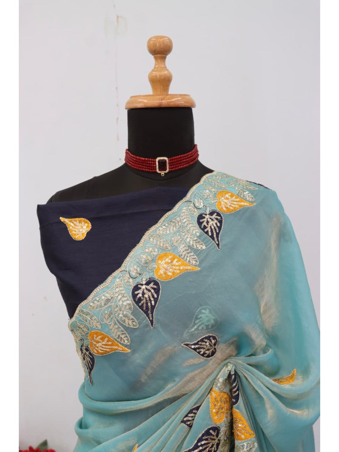 Elegant Blue Organza Satin Silk Saree with Leaf Embroidery - Image 8