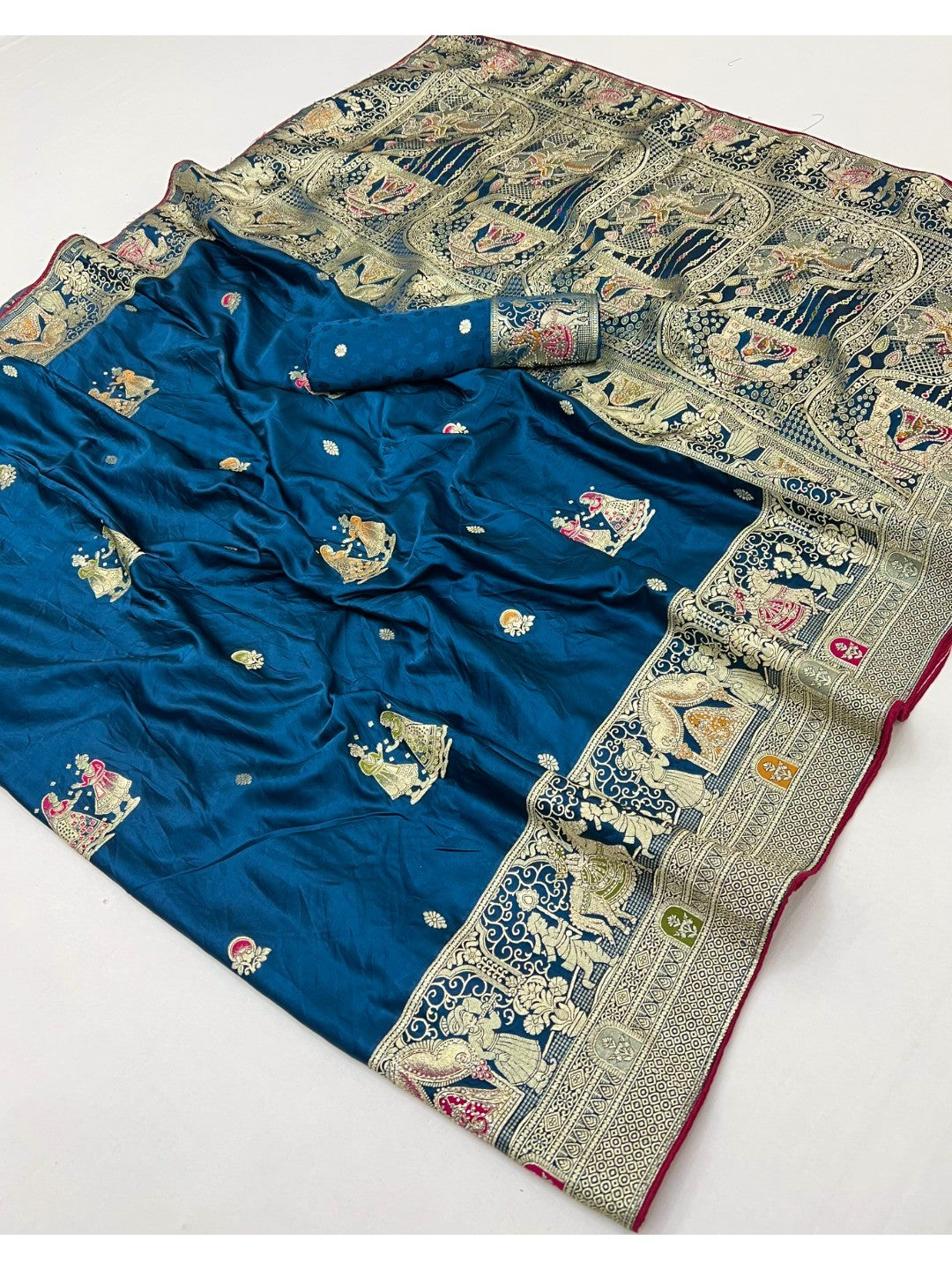 Rich Blue Satin Saree Adorned With Intricate Weaving Accents & Sparkling Stone Work Elegance - Image 2