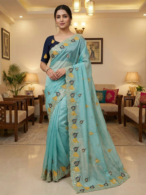 Elegant Blue Organza Satin Silk Saree with Leaf Embroidery - Image 1