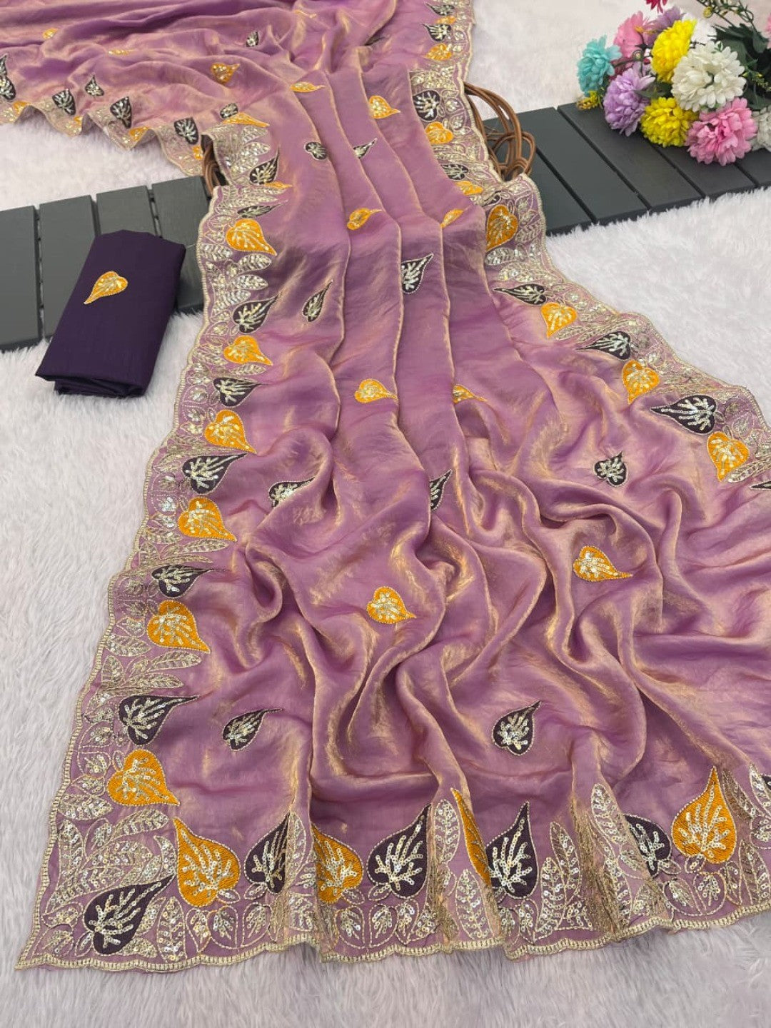 Elegant Light Purple Organza Satin Silk Saree with Leaf Embroidery - Image 2