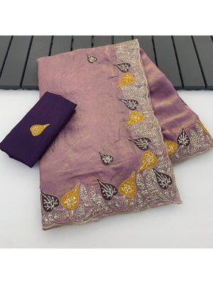 Elegant Light Purple Organza Satin Silk Saree with Leaf Embroidery - Image 2
