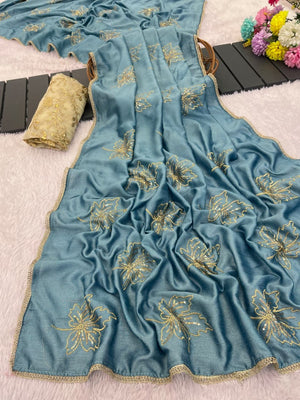 Glamorous Sky Blue Sequin Embellished Saree in Premium Vichitra Silk - Image 2