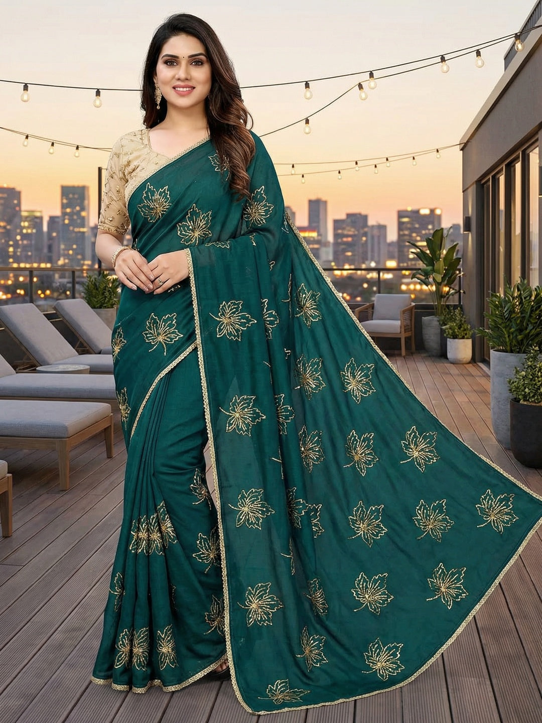 Glamorous Morpich Green Sequin Embellished Saree in Premium Vichitra Silk - Image 7