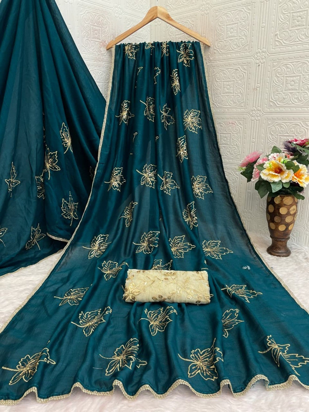 Glamorous Morpich Green Sequin Embellished Saree in Premium Vichitra Silk - Image 4