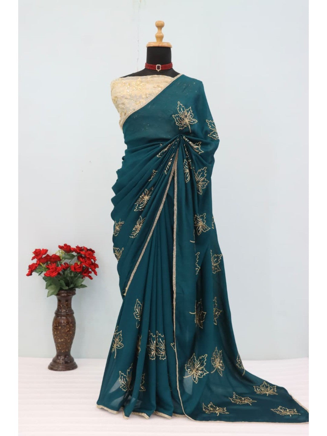 Glamorous Morpich Green Sequin Embellished Saree in Premium Vichitra Silk - Image 6