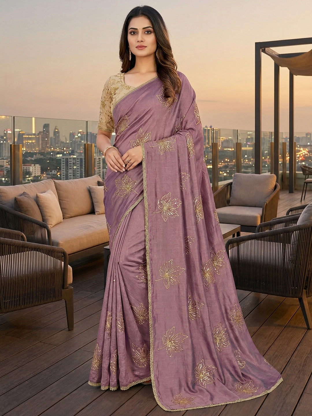 Glamorous Mauve Sequin Embellished Saree in Premium Vichitra Silk - Image 1