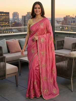 Glamorous Gajri PinkSequin Embellished Saree in Premium Vichitra Silk - Image 2