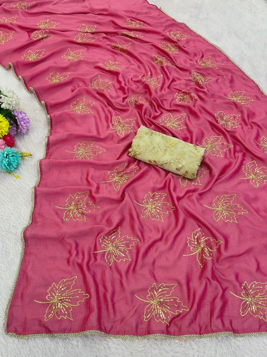 Glamorous Gajri PinkSequin Embellished Saree in Premium Vichitra Silk - Image 3