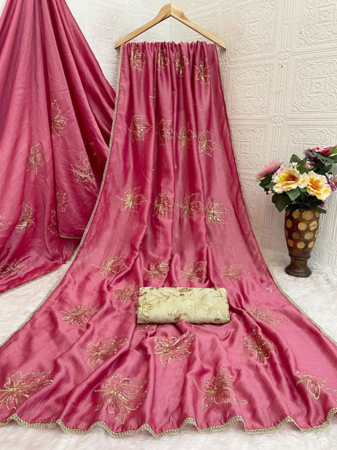 Glamorous Gajri PinkSequin Embellished Saree in Premium Vichitra Silk - Image 4