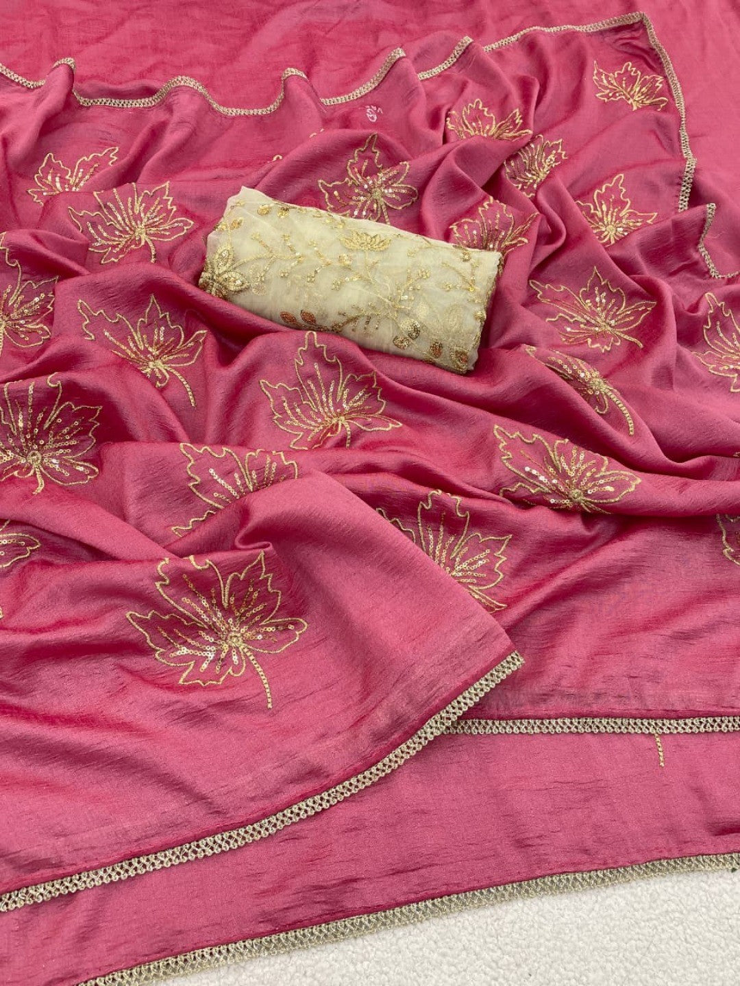 Glamorous Gajri PinkSequin Embellished Saree in Premium Vichitra Silk - Image 5