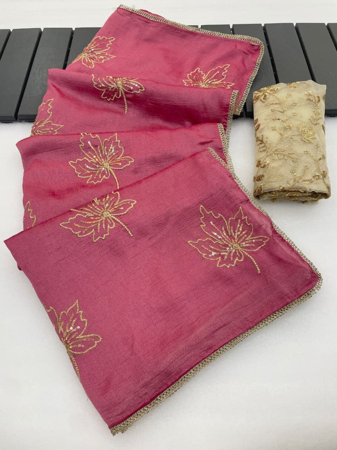 Glamorous Gajri PinkSequin Embellished Saree in Premium Vichitra Silk - Image 6