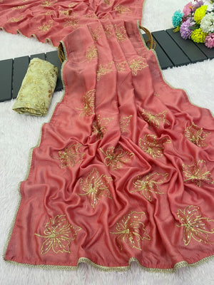 Glamorous Peach Sequin Embellished Saree in Premium Vichitra Silk - Image 2