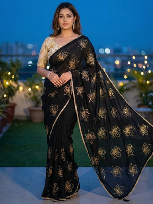 Glamorous Black Sequin Embellished Saree in Premium Vichitra Silk - Image 1