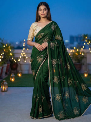 Glamorous Green Sequin Embellished Saree in Premium Vichitra Silk - Image 1