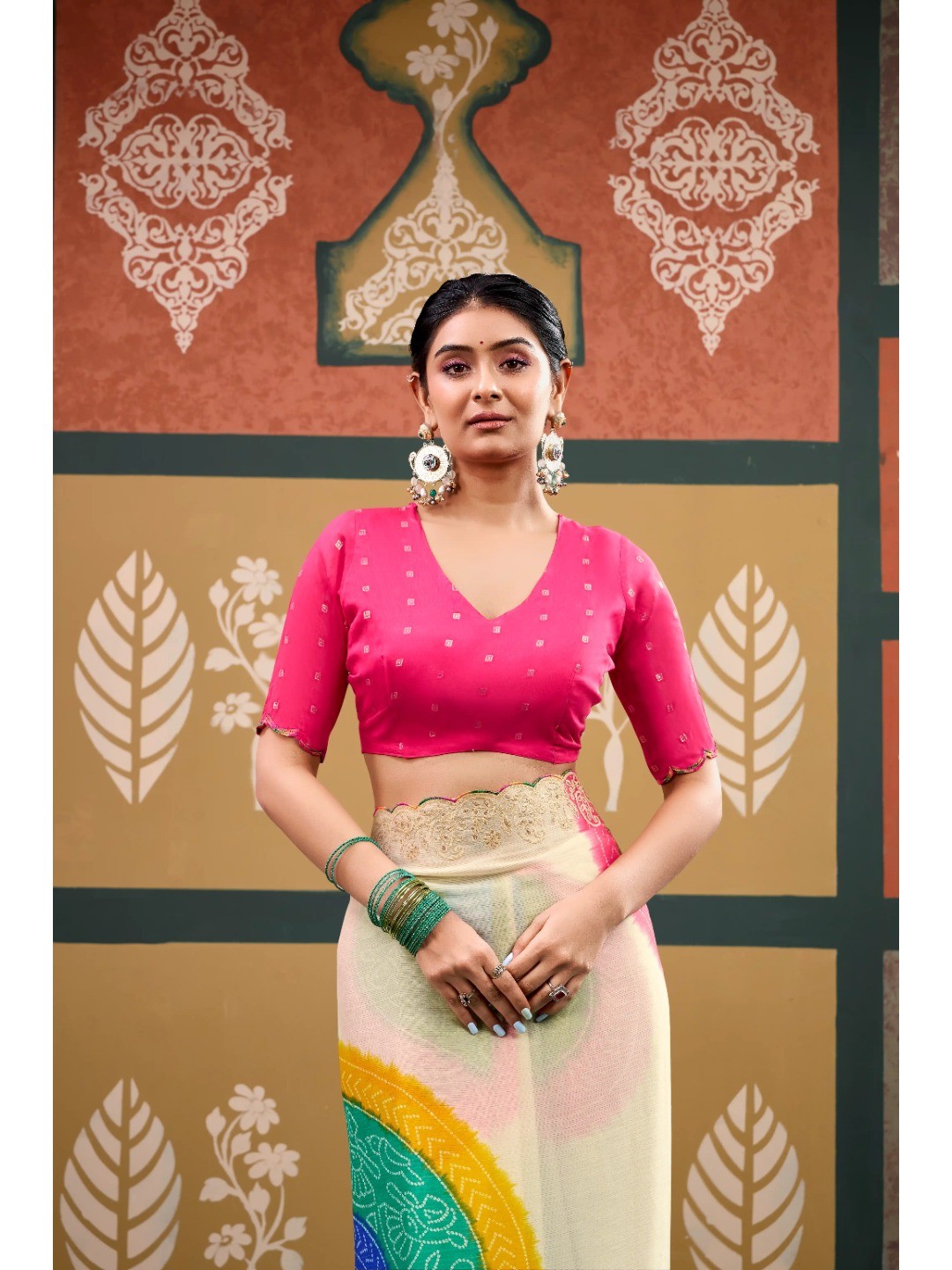 Elegant Cream Bandhani Printed Chiffon Saree with Embroidery Work - Image 6