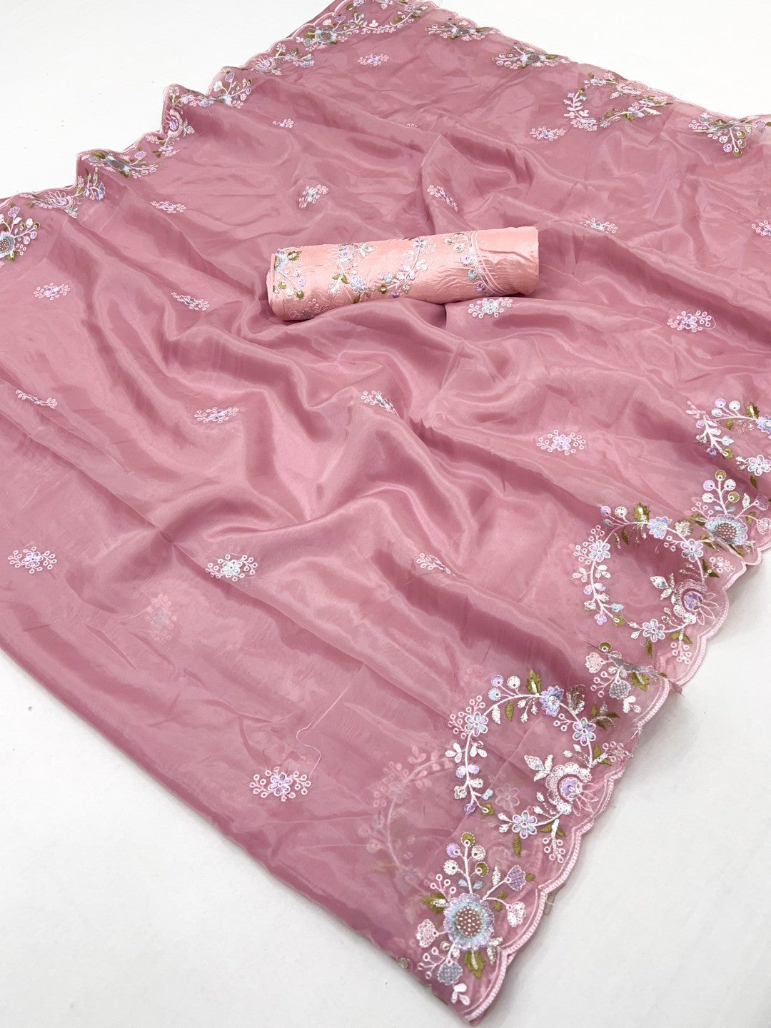 Graceful Pink Satin Saree Adorned With Floral Embroidery & Shimmering Sequins Work - Image 2