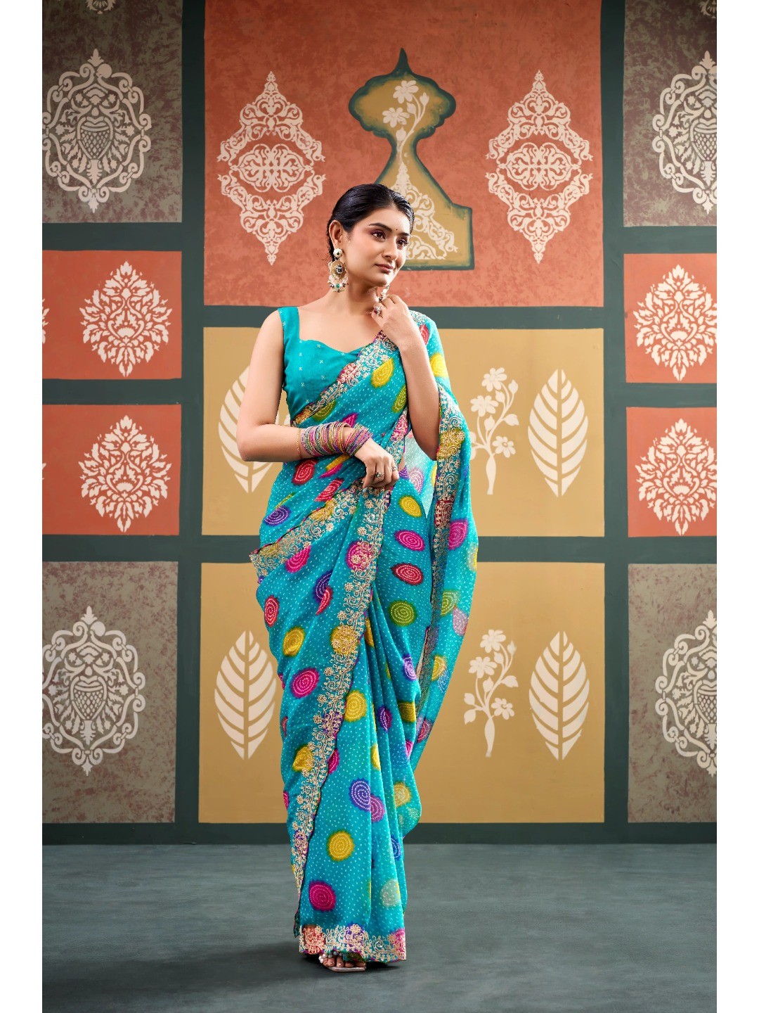 Elegant Turquoise Bandhani Printed Chiffon Saree with Embroidery Work - Image 4
